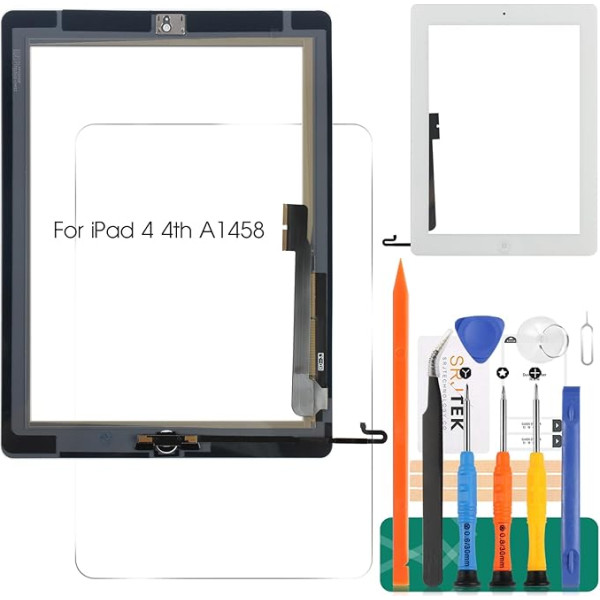 Rezerves skārienjūtīgā ekrāna digitālizatora stikls priekš iPad 4 4th A1458 A1459 A1460 skārienjūtīgā displeja paneļa remonta detaļu komplekts ar rūdītu stiklu + instrumenti + sākuma poga (nav iekļauts) (Balts)