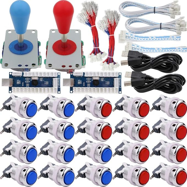 SJ@JX Arcade 2 Player Game Controller Stick DIY komplekts LED pogas Chrome Paint MX Microswitch 8 Way Joystick USB Encoder Cable for PC MAME Raspberry Pi Red Blue