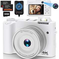 4K digitālā kamera Dual Camera 64 MP automātiskā fokusēšana, videoreportāžas foto kamera ar 32 GB atmiņas karti, kompakta kamera pusaudžiem un iesācējiem, pret satricinājumiem, 16x digitālais tālummaiņa, 2 baterijas un lādētājs (balta)