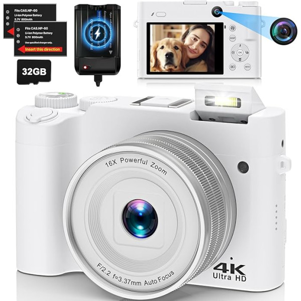 4K digitālā kamera Dual Camera 64 MP automātiskā fokusēšana, videoreportāžas foto kamera ar 32 GB atmiņas karti, kompakta kamera pusaudžiem un iesācējiem, pret satricinājumiem, 16x digitālais tālummaiņa, 2 baterijas un lādētājs (balta)