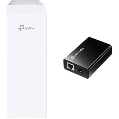 TP-Link Pharos Series CPE210 āra WLAN piekļuves punkts un 802.3at/af Gigabit PoE inžektors, bez PoE uz PoE adapteri, nodrošina līdz 60 W, LED indikators, Plug & Play, uzstādāms uz galda/ sienas, melns