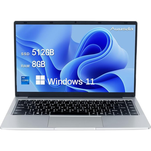 Auusda 14,1 collu klēpjdators 8GB RAM 512GB SSD, 3TB krātuves paplašināšana, Intel Celeron J4105 līdz 2,5 GHz, plāns un viegls klēpjdators, 5G WiFi, IPS 2K FHD, Web kamera, Mini HDMI, USB 3.0 x2, paredzēts spēlētājiem