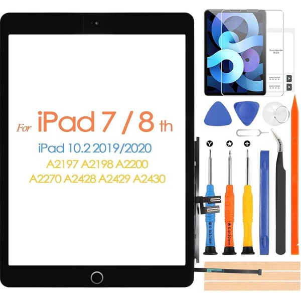 Ersatzbildschirm für iPad 7 7. / 8. Generation - Digitizer für iPad 7. 2019/8. 2020, 10,2 Zoll (25,9 cm) Touchscreen-Glasscheibe, A2270, A2430, A2197, A2200, A2198, Schwarz mit Home-Taste