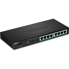 TRENDnet TPE-TG83 8 portu gigabitu PoE+ komutators, 65 W PoE jaudas budžets, 16 Gbps komutācijas jauda, IEEE 802.1p QoS, DSCP Pass-Through atbalsts, bez ventilatora, montējams pie sienas