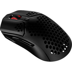 HyperX Pulsefire Haste - bezvadu spēļu pele - īpaši viegla, 61 g, 100 stundu akumulatora darbības laiks, 2,4 GHz bezvadu, Honeycomb apvalks, Hex dizains, līdz 16000 DPI, 6 programmējamas pogas - melna/sarkana