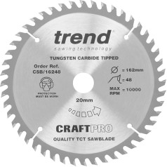 Trend Holz Akku-Kreissägeblatt, 162mm Durchmesser, 20mm Bohrung, 48 Zähne, HW, 1,8mm Schnittbreite, +15° Haken, CSB/16248