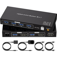 VPFET HDMI KVM slēdzis 2 datoru 1 monitoram 4K60Hz USB 3.0 KVM slēdzis 2 datoru 1 monitora un 4 USB 3.0 ierīču koplietošanai Atbalsta galddatora kontrolieri Komplektā ietilpst adapteris un 2 USB 3.0 kabeļi