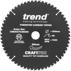 Trend Holz Kappsägeblatt, 260mm Durchmesser, 30mm Bohrung, 60 Zähne, HW, 2,6mm Schnittbreite, -5° Haken, CSB/CCTC26060