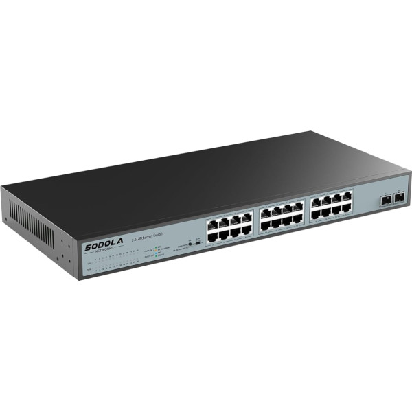 SODOLA 24 portu 2,5GB nepārvaldāms komutators 24 x 2,5G Base-T porti 2 x 10G SFP 160Gbps komutācijas jauda Port izolācija IU Rack Mount Fanless Plug & Play Multi-Gig nepārvaldāms