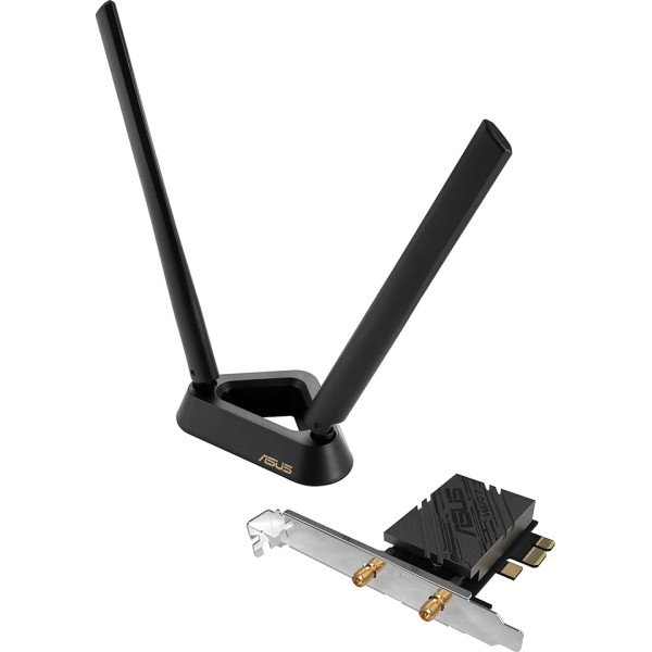 ASUS PCE-BE92BT WiFi 7 PCI-E adapteris (2 ārējās antenas un magnetizēta pamatne, atbalsta 6 GHz frekvenču joslu, 320 MHz, Bluetooth 5.4, WPA3 tīkla drošība)