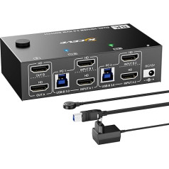 KVM slēdzis 2 datoru 2 monitoriem 8K @ 60Hz 4K @ 144Hz, divu monitoru HDMI 2.1 KVM slēdzis 2 datoru daļām 2 monitoriem un 4 USB 3.0 ierīcēm (3USB-A + USB-C), ar 12 V līdzstrāvas barošanas avotu + vadu tālvadības pulti un