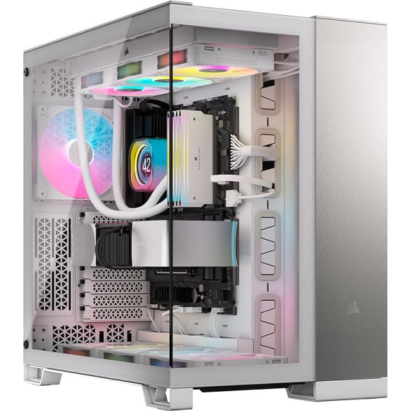 CORSAIR 6500X Mid-Tower ATX divu kameru datorkorpuss - rūdīts panorāmas stikls - saderīgs ar reversā savienojuma pamatplatēm - bez ventilatoriem - balts/sātanpelēks alumīnijs