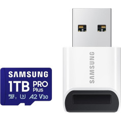 Samsung PRO Plus (2024) microSD karte + USB karšu lasītājs, 1TB, UHS-I U3, Full HD un 4K UHD, 180MB/s nolasīšana, 130MB/s ierakstīšana, atmiņas karte viedtālrunim, videokamerai, rokas konsolei, MB-MD1T0SB/WW