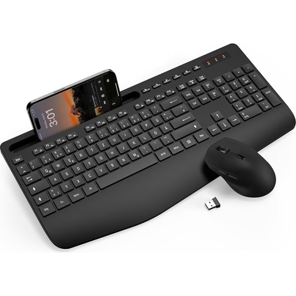 Ergonomiska pilna izmēra tastatūra ar plaukstas balstu, tālruņa turētājs, miega režīms, klusa 2,4 GHz bezvadu tastatūra un pele Mac, Windows, datoram, klēpjdatoram, klēpjdatoram, personālajam datoram