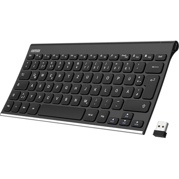 Arteck Kabellose Tastatur, Deutsches QWERTZ Layout wiederaufladbare Kompakte USB Anschluss 2,4 GHz Kabellos Tastatur mit Multimedia-Tasten, Kompatibel mit PC, Computer, Laptop, Windows 11, 10, 8