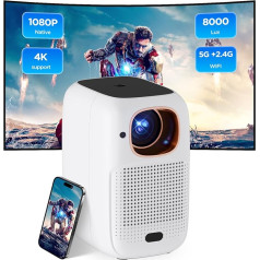 HDeye V1 Mini projektors mobilais tālrunis Mazs portatīvais projektors Mājas kino 5G + 2.4G WiFi Bluetooth 1080P 4K iOS/Andorid/Laptop Balts