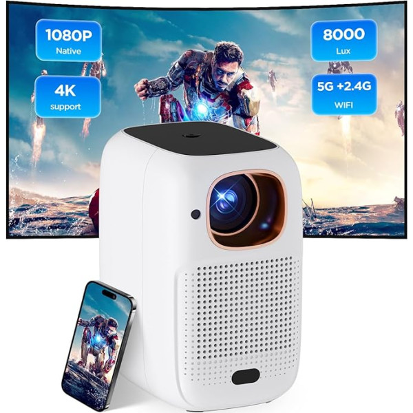 HDeye V1 Mini projektors mobilais tālrunis Mazs portatīvais projektors Mājas kino 5G + 2.4G WiFi Bluetooth 1080P 4K iOS/Andorid/Laptop Balts