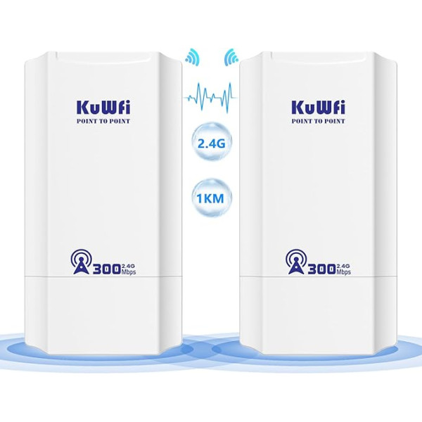 KuWFi 300 Mbps WLAN tilts āra CPE, 2.4G Point to Point WiFi tilts, 1 km attāluma āra piekļuves punkts, Plug & Play WLAN virziena radio ar 24 V PoE adapteri, āra bezvadu tilts