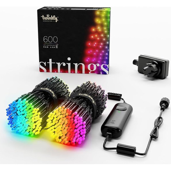 Twinkly Strings 600 LED RGB, LED-Lichterkette für Draußen und Drinnen, Smarte LED-Lichter, Kompatibel mit HomeKit, Alexa und Google Home, Gaming-Lichter, IP44, App-Steuerung, Schwarzes Kabel, 48m