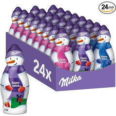 Milka Sniegavīrs Alpine Milk 24 x 50 g I Šokolādes sniegavīra figūriņa Lielā iepakojumā I 3 dažādi dizaini I Ziemassvētku šokolāde Izgatavota no 100% Alpu piena