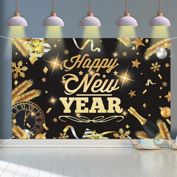 KAINSY Happy New Year Banner, 2022 Happy New Year Party Decoration Banner fons svinībām un sagaidīšanai 2022 Jaunais gads iekštelpās ārā, melns zelts