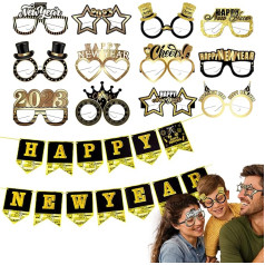 DKDDSSS 12 Stück Happy New Year Party Brille,Lustige Brille für Party Zubehör, Foto Requisiten,2023 Silvester Party Dekors(With 1 Pcs Ein frohes neues Banner)