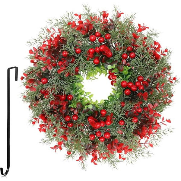 Türkranz Weihnachten, Tannengirlande mit Beeren und Blume, Tannenkranz Künstlich, Weihnachtskranz Wiederverwendbar mit Schwarzer Haken, Adventskranz Deko, Weihnachtskranz Deko Innen Außen