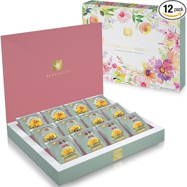 Teabloom Tea Flower Box - rūpīgi atlasītas tējas dāvanu komplekts ar 12 gardēžu ziedu tējām - 36 uzlējumi - iepakots elegantā dāvanu tējas kastītē