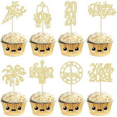 Gyufise 24 gabali 2024 Happy New Year Cupcake Toppers Gold Glitter Fireworks Clock Hello 2024 Cheers to 2024 Cupcake Pick rotājumi Jaungada vakars partija Labvēlība Dekorācijas piederumi