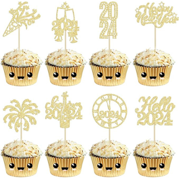 Gyufise 24 gabali 2024 Happy New Year Cupcake Toppers Gold Glitter Fireworks Clock Hello 2024 Cheers to 2024 Cupcake Pick rotājumi Jaungada vakars partija Labvēlība Dekorācijas piederumi