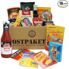 OLShop AG Ostpaket ONostalģiska maltīte ar 16 tipiskiem VDR produktiem, Specialitātes pakete Dāvanu komplekts Austrumu produkti Dāvanu ideja DDR pakete