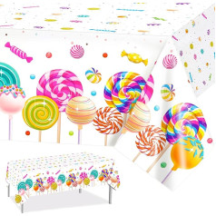 PHOGARY Saldais Candyland galdauts, 3 konfekšu tematiskie plastmasas galdauti, divi mīļi dzimšanas dienas galdauti, krāsaini Lollipop galdauti meiteņu ballītei, konfekšu valsts Ziemassvētku rotājums