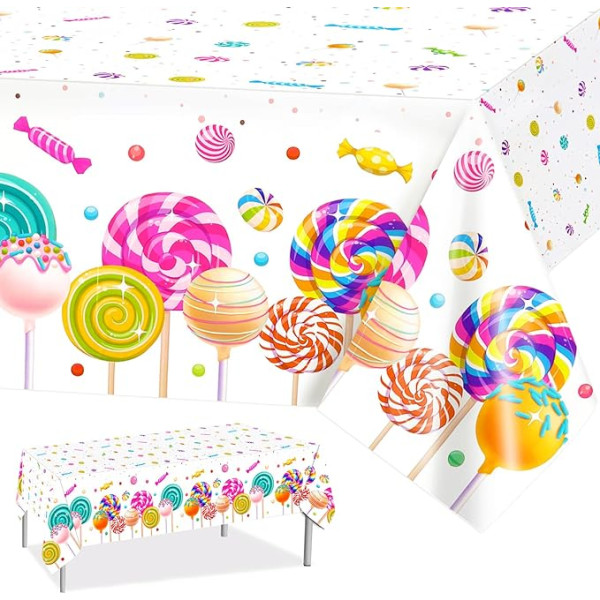 PHOGARY Saldais Candyland galdauts, 3 konfekšu tematiskie plastmasas galdauti, divi mīļi dzimšanas dienas galdauti, krāsaini Lollipop galdauti meiteņu ballītei, konfekšu valsts Ziemassvētku rotājums