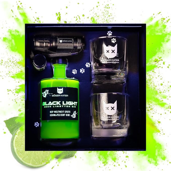 Böser Kater Blacklight Gin Geschenkset | Weltweit erster Schwarzlicht Neon Gin mit Leucht-Effekt | Set mit 2 Gläsern & UV-Taschenlampe | Fruchtiger Limettengeschmack | Geschenkidee | 0,5l 40% Vol.