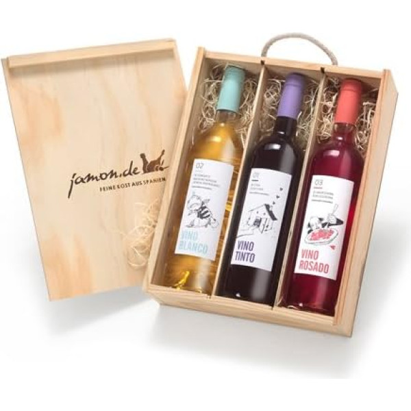 Geschenk für Weinliebhaber | Weingeschenk SPANIEN | Je 1 Flasche Rotwein, Weißwein & Roséwein aus D.O. Utiel Requena | Geschenkfertig verpackt in rustikaler Weinkiste aus Holz | jamon.de