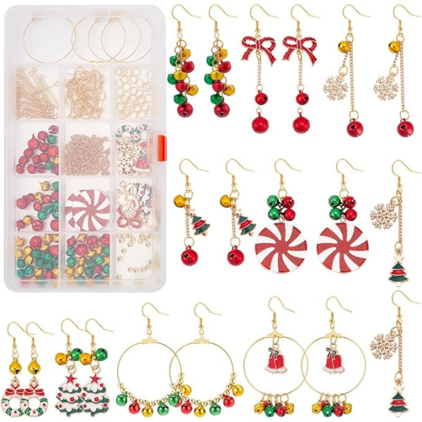 INFUNLY 1 Box DIY 10 Paar Weihnachtsglocken Ohrring Bastelset Weihnachtsschneeflocke Weihnachtskranz Charm Anhänger Weihnachtsbaum Emaille Gold Charms Für Die Schmuckohrring Herstellung Mit Anleitung