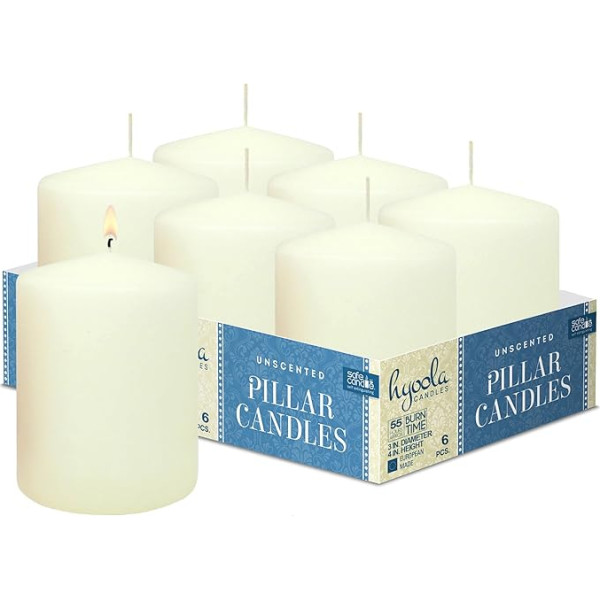 Hyoola Ivory Pillar Candles 7,5 x 10 cm - Nekoncentrētas sveces, lielas - 6 sveces, ar ilgu degšanas laiku, ražotas ES