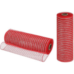 izejmateriālu karte Jute-Netzband, 25,4 cm x 9,2 m, PP, dekoratives Netzband, Geschenkband für Weihnachtskranz, Party, Dekoration, Basteln, Girlanden (Rot mit Silberfolie, 2 Stück)