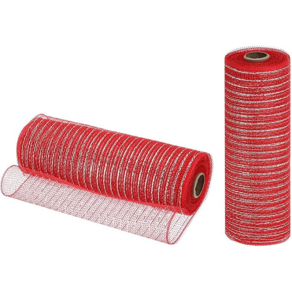 izejmateriālu karte Jute-Netzband, 25,4 cm x 9,2 m, PP, dekoratives Netzband, Geschenkband für Weihnachtskranz, Party, Dekoration, Basteln, Girlanden (Rot mit Silberfolie, 2 Stück)