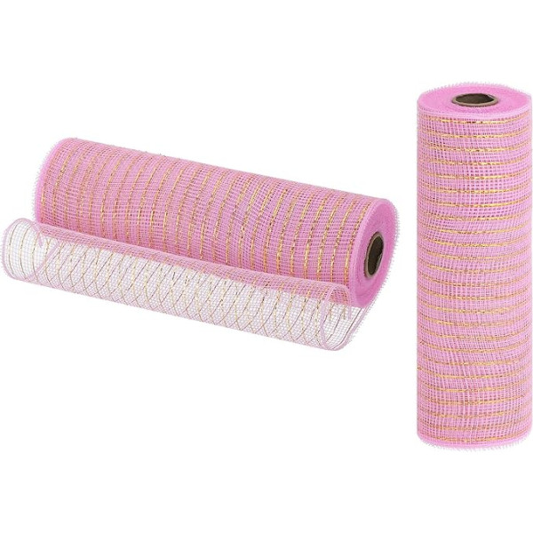 izejmateriālu karte Jute-Netzband, 25,4 cm x 9,2 m, PP, dekoratives Netzband, Geschenkband für Weihnachtskranz, Party, Dekoration, Basteln, Girlanden (Rosa mit Goldfolie, 2 Stück)