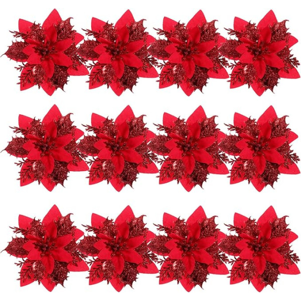 NUOBESTY 12 Pack Glitter Poinsettia Ziedi Ziemassvētku eglītes rotājumi Ziemassvētku vainags Puses rotājumi Ziemassvētku pusei Piekaramais ziedu rotājums