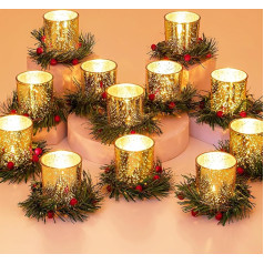 Glasseam Teelichthalter Weihnachten Tischdeko Teelichtgläser: Teelichtglas für Weihnachtsdeko Tisch Kerzengläser Kerzenglas für Esstisch Party Deko 12er Set Kerzenhalter Gold mit Weihnachtskranz