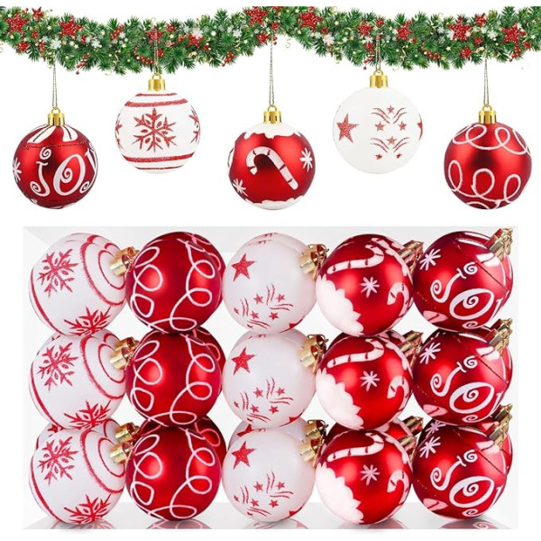 Weihnachtskugeln Kunststoff Rot und Weiß 6cm 30 Stück, Christbaumkugeln Kunststoff Weihnachtsbaum Kugeln Plastik mit Schlüsselband, Weihnachtsbaumschmuck Baumschmuck Weihnachten Deko Christbaumschmuck