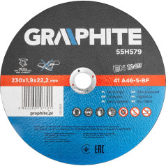 Graphite Metāla griešanas diski 230 x 1,9 x 22,2 mm, 41 A46-S-BF, 5 gab., plēve