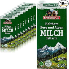 Generisch Berchtesgadener Land - Iepakojums ar 10 H-piens ar zemu tauku saturu 1,5 % 1 litra iepakojumā - ilgnoturīgs piens no kalnu un Alpu reģiona saimniecībām (kalnu lauksaimnieku piens).