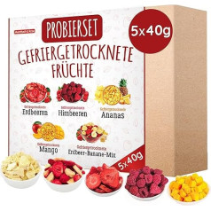 Degustācijas komplekts Līstoši kaltēti augļi 5 x 40 g, Augļi, liofilizētas zemenes, avenes, ananāsi, mango, mango un zemeņu-banānu maisījums, bez piedevām, ražots Vācijā.