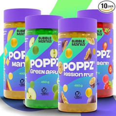 BubbleMania POPPZ® burbuļtējas bumbiņas | 4 augļu bumbiņu iepakojums - zemeņu, mango, pasifloru augļu, zaļo ābolu | Vegāniskās Boba Tapiokas bumbiņas dzērieniem un desertiem