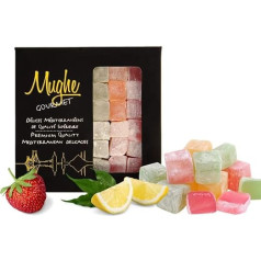 Mughe Gourmet Turkish Delight konfektes, eleganta dāvanu kaste - 370 g - Halal, Vegan - Lokum augļu garša: rožu, zemeņu, citronu, apelsīnu, piparmētru - dāvana īpašām reizēm, dzimšanas dienai