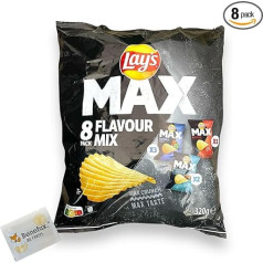 Lay's Max Flavour Mix - Crunchy Ripple Chips in 8 Mini Bags - Pepper, Naturel, Roasted Onion & Sour Cream 320 g + Benefux. Refreshing Cloth