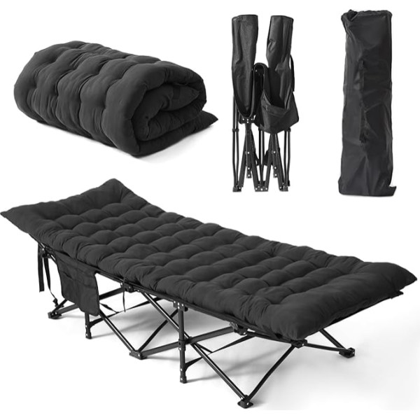 Flycoop kempinga gulta Izvelkamā kempinga gulta Camping Lounger 1 persona Izvelkamā gulta Izvelkamā 71cm kempinga gulta XXL kempinga gulta līdz 204 kg ceļojumu gulta pieaugušajiem dārzam iekštelpās āra kempingam melna